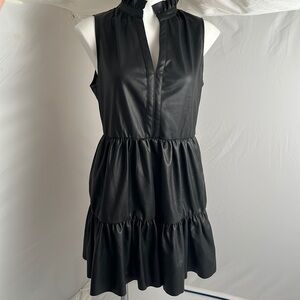 Fate black vegan leather split neck tiered dress